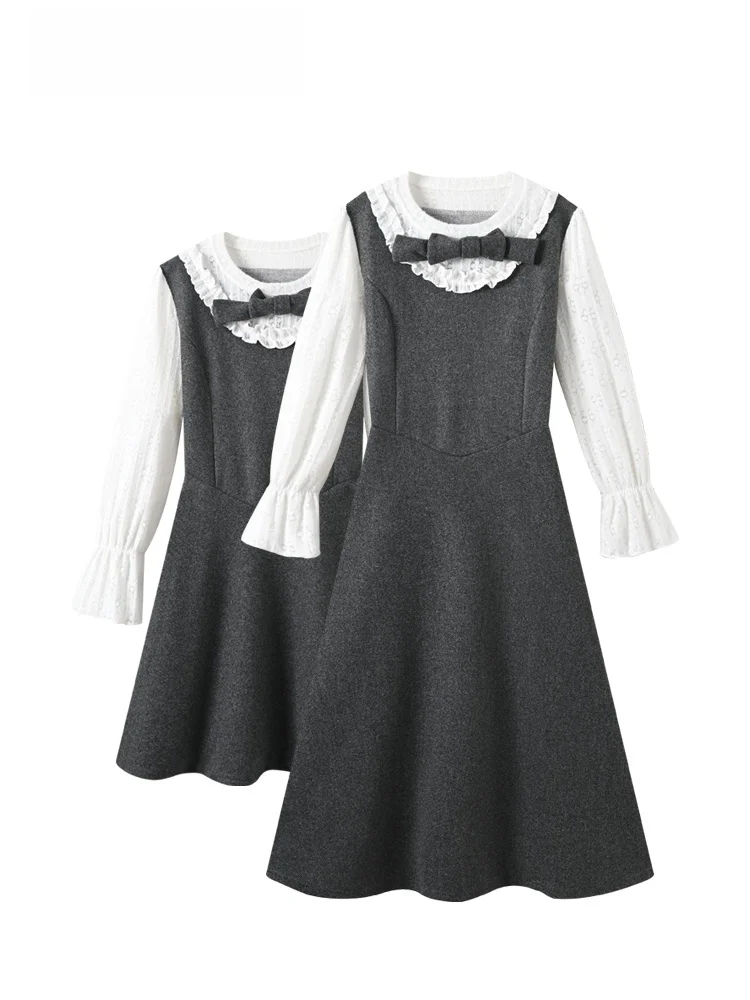 

plus Size Long Sleeve Dress Women Early Spring New Style Patchwork Little Fragrance Style A-Line Skirt Knot Polyest...