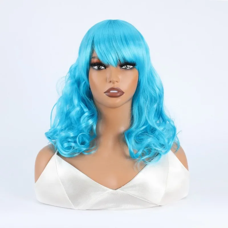 

Cross-border new products, European and American wigs, women's light blue short curly hair, chemical fiber wigs, headgear.