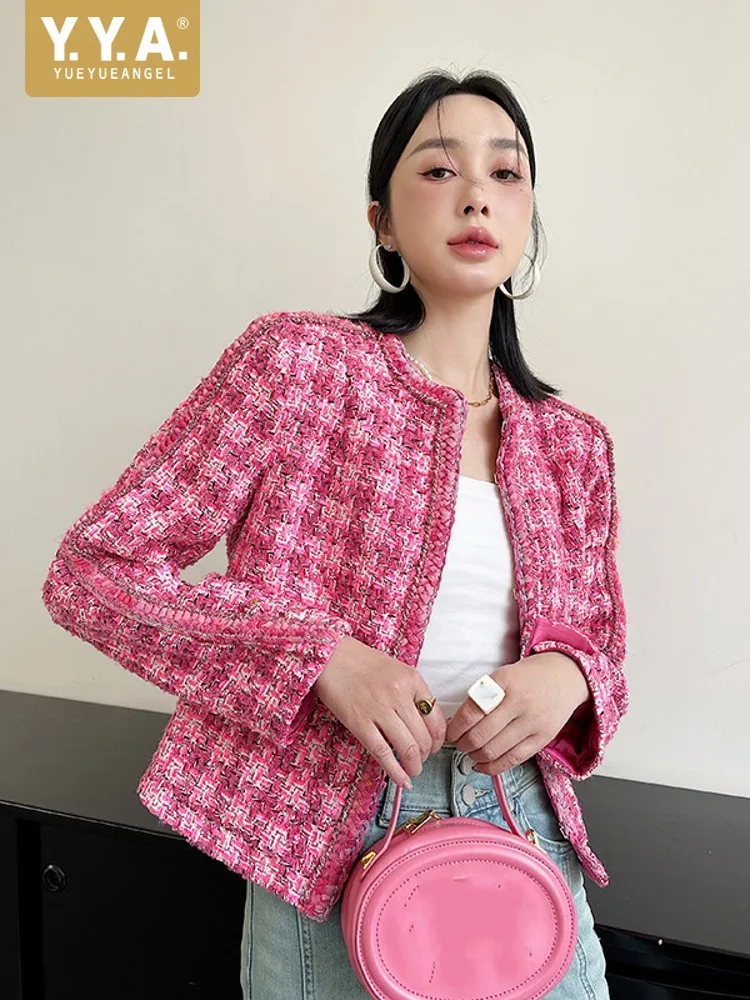 

Elegant Women O Neck Loose Fit Office Work Tweed Jacket Vintage Plaid Twill Coat High Quality Lady Birthday Party Outwear Jacket