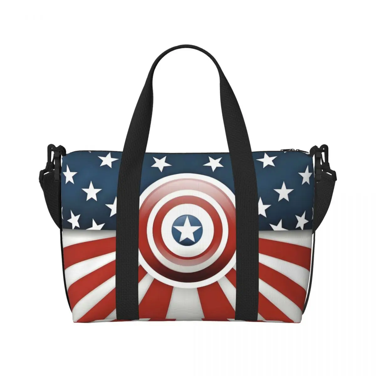 

Custom Captain America Logo Comics Film Tote Bag Women Big Capacity Marvel Super Hero Gym Beach Travel Bags