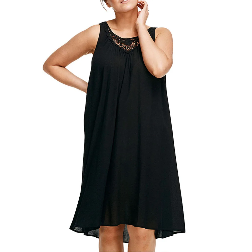 Casual Plus Size Dresses For Women 2023 Summer Loose A-line Basic Knitted Midi Tank Dress Sex Lace Patchwork Sundress Big Size
