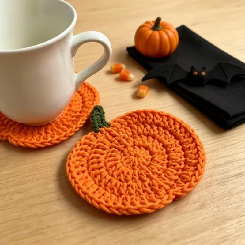 Autumn Handmade Crochet Pumpkin Coasters Heat Resistant Drink Mats Fall Farmhouse Table Decor Halloween Thanksgiving Home Gift