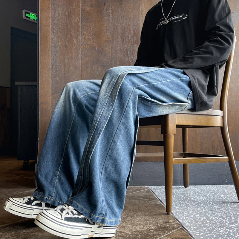 

Deep Blue Patchwork Men's Straight Leg Loose Workwear Jeans American Trendy Hip Hop Style Wear Resistant Long Pants