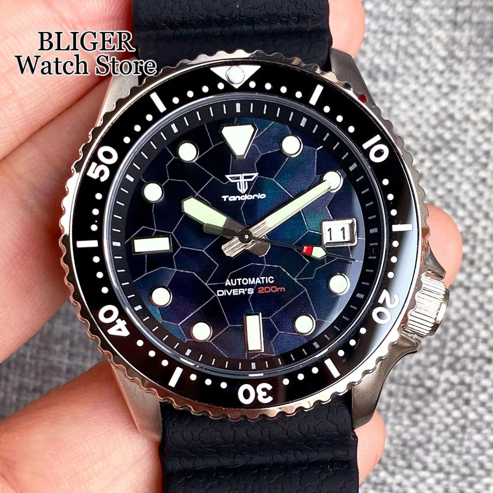 Tandorio glänzendes schwarzes Gehäuse-Zifferblatt, 41 mm, NH35AA, 200 m wasserdichte automatische Taucheruhr für Herren, 120-Klick-Lünette, Saphir-Stahlarmband