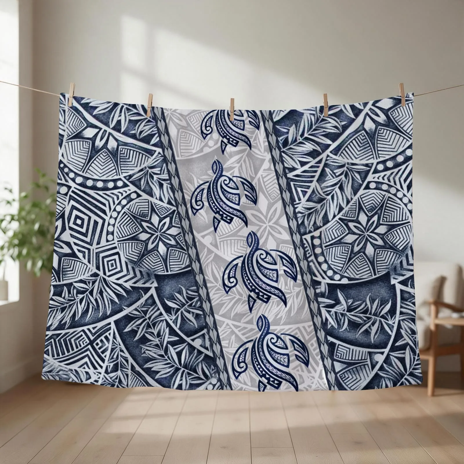Ocean Blue Honu Tapa Fusion Throw Blanket Picnic Bed Fashion Sofas Comforter Blankets