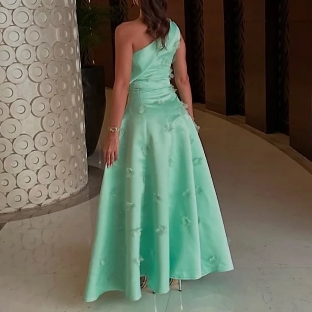 Temperament Appliques Pleats One Shoulder Sleeveless Evening Dresses Classic A-Line Satin Prom Gowns فساتين سهره نسائيه فخمة