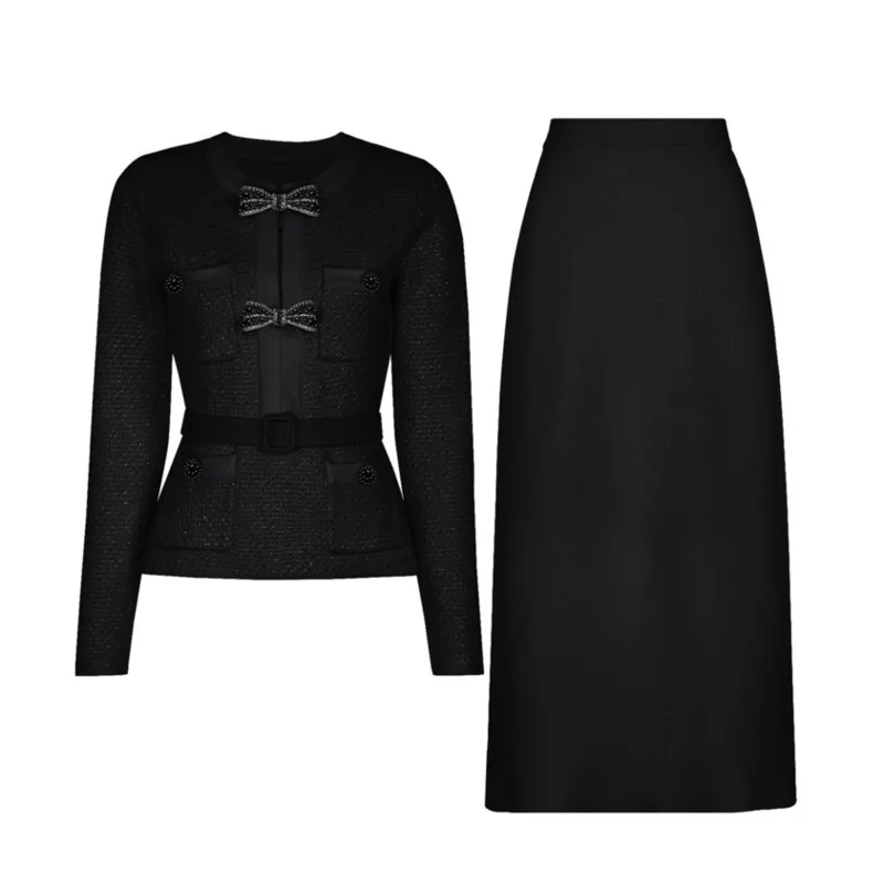 LEOSOXS gecoördineerde set voor dames: tweedjack met lange mouwen + midi-rok met strikversiering voor dagelijks gebruik en werk ziet er uit 2025