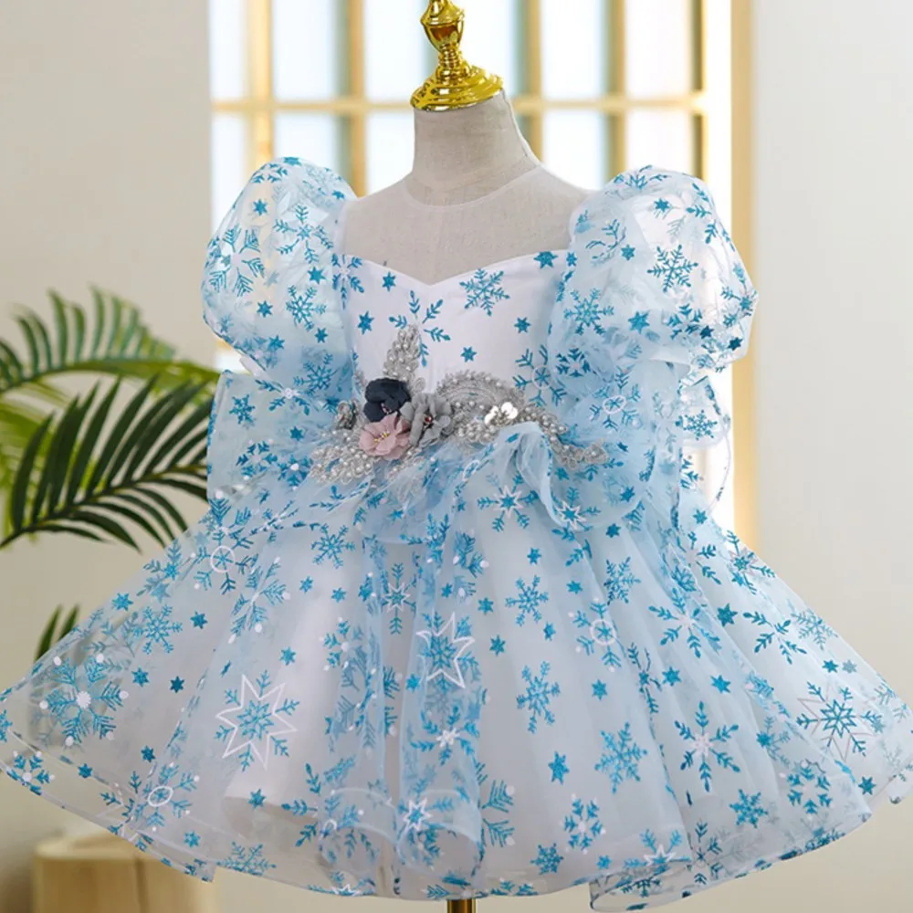 

Girls summer children's princess dress snowflake sequin mesh girl bubble sleeve dress