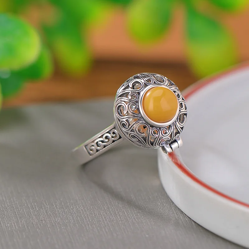 S925 Sterling Silver Amber Grass Pattern Hollow Sachet National Style Elegant Round Bead Ring