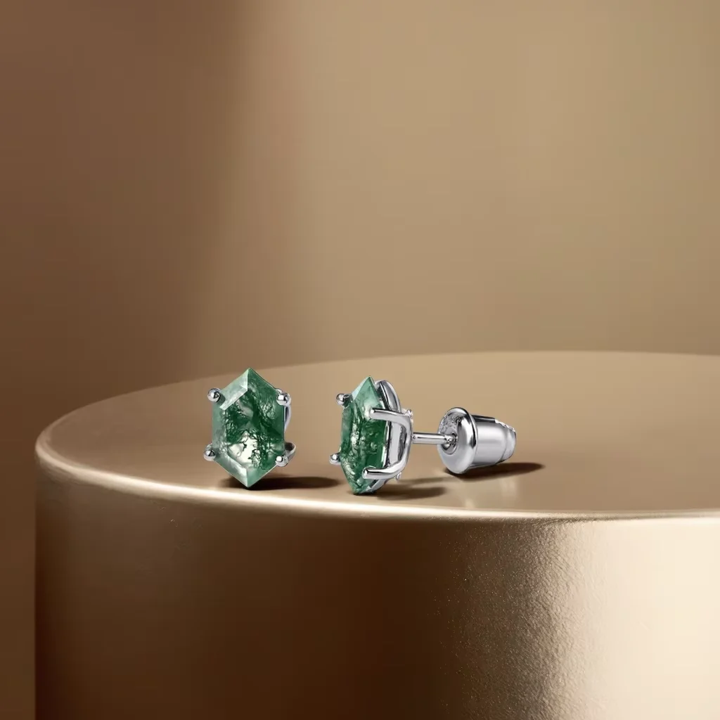 

1 Pair Moss Agate Stud Earrings for Ladies Sterling Silver Hexagon Cut Push Back Earring Studs for Engagement Party