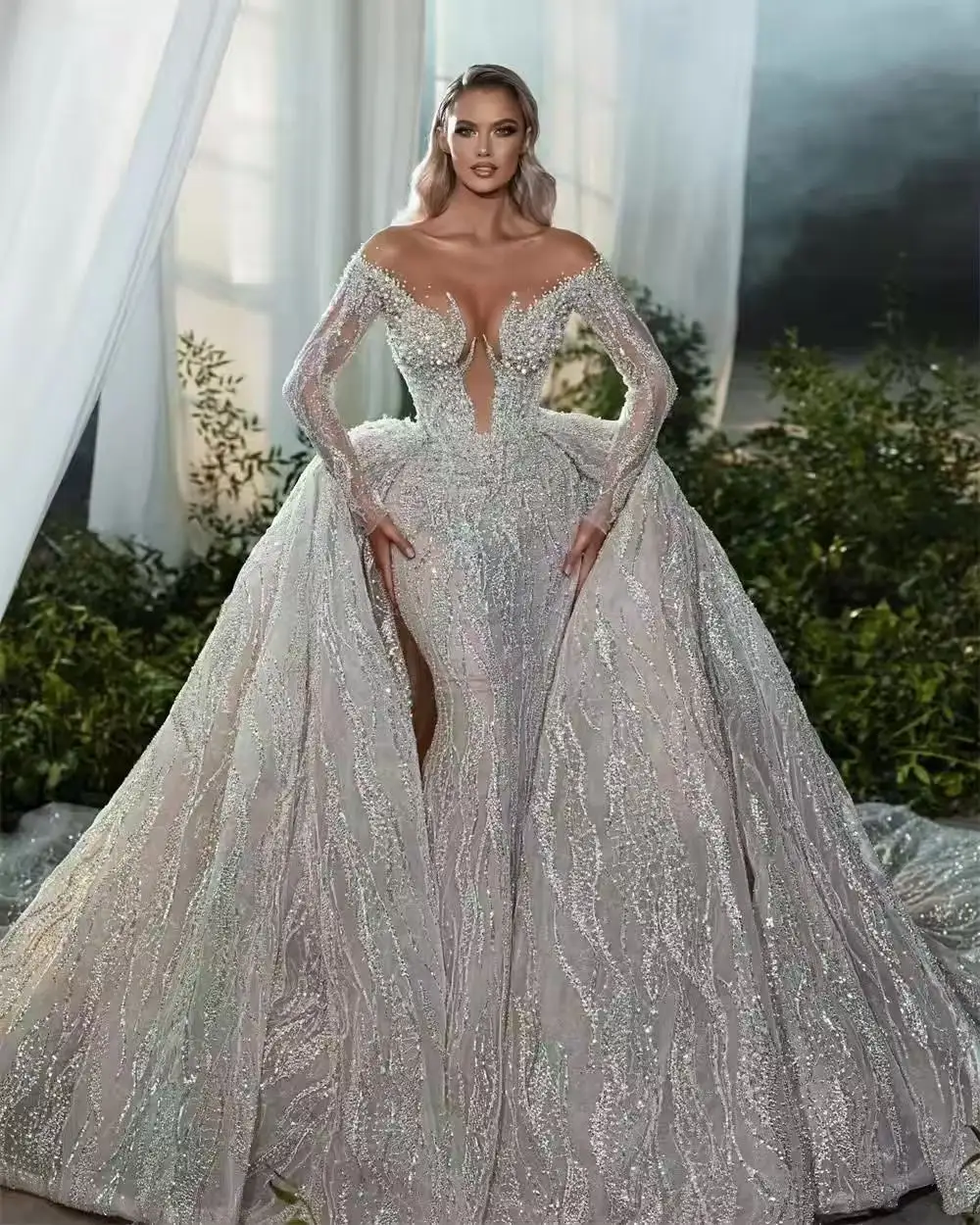 Gorgeous Mermaid Pearls Wedding Dress With Detachable Tarin Sequined Beading Bridal Gowns Country Long Sleeve Robes De Mariee