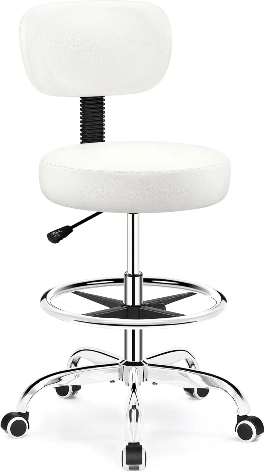 

Drafting Chair with Backrest – Adjustable Foot Rest Rolling Stool with Wheels, PU Leather Swivel Stool for Office Spa Studio Lab