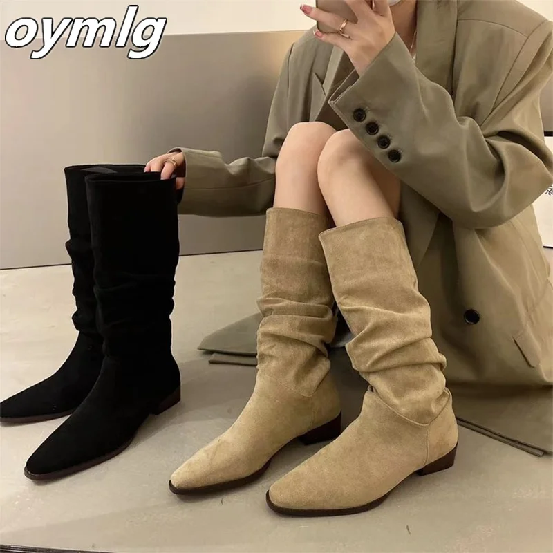 

Mid length Western denim pile up long boots women's shoes 2023 autumn pointed suede small short boots knight boots