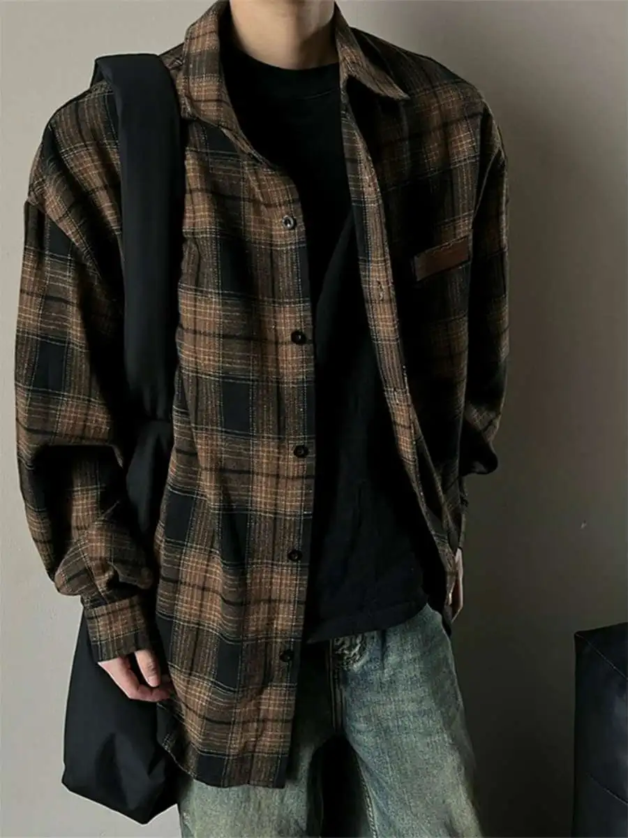 

Versatile Men's Casual Long Sleeve Shirt Retro Plaid American Style Loose Fit Stand Collar Spring Fashion High Street Shirt