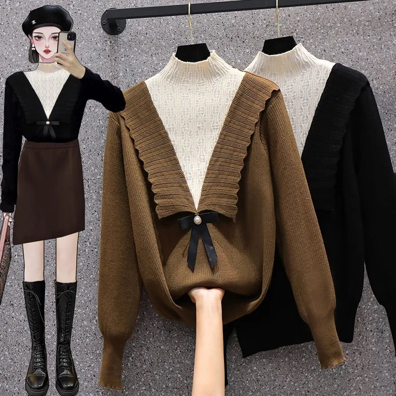 

Autumn Half High Collar Women Sweater Hipster Fake Two-piece Patchwork Urban Elegant Fashion Simple Vintage All-Match Pullovers