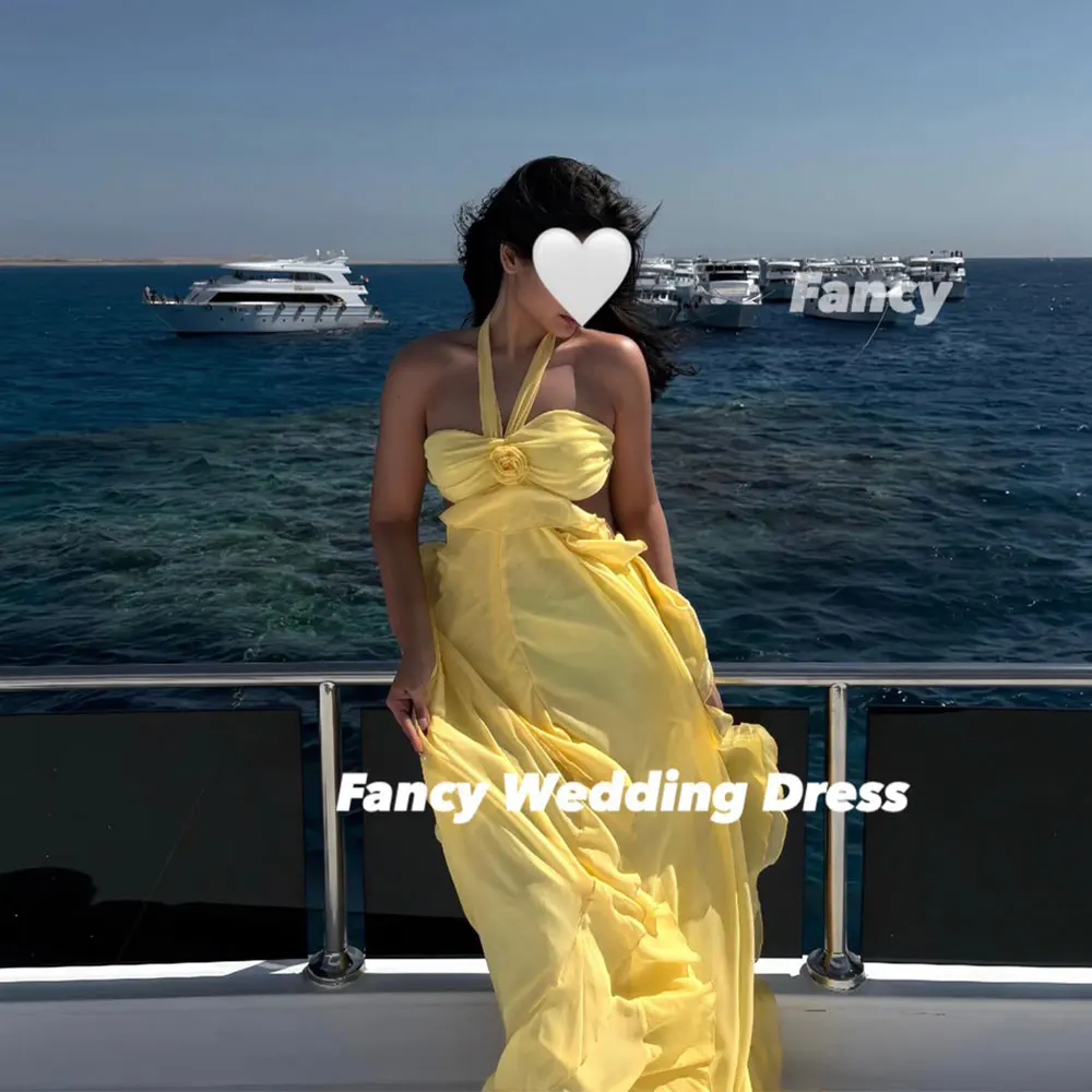 Fancy Sexy Halter Yellow Evening Dress A Line Chiffon Prom Gown Floor Length Formal Occasion Dresses Customized