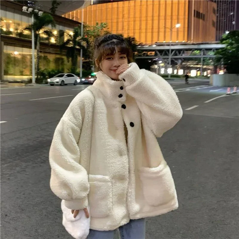 Sovob New Kawaii Turtleneck Single Breasted Jacket Women Loose Solid Color Parkas Ladies Korean Plush Thickened Warm Coats Woman