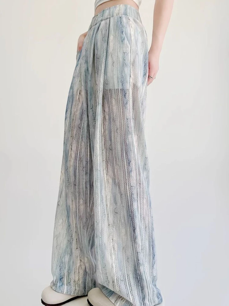 

Women's Tie Dye Wide Leg Pants Summer High Waist Cutout Design Flowy Casual Loose Fit Ice Silk Cooling Trousers