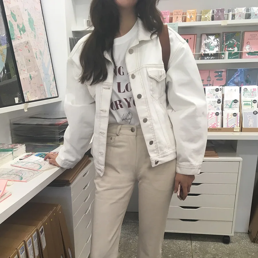 Casual Loose Versatile White Denim Jacket Multi-Pocket Cotton Blend Women's Fashion Spring Summer Autumn Straight Hem Button ...