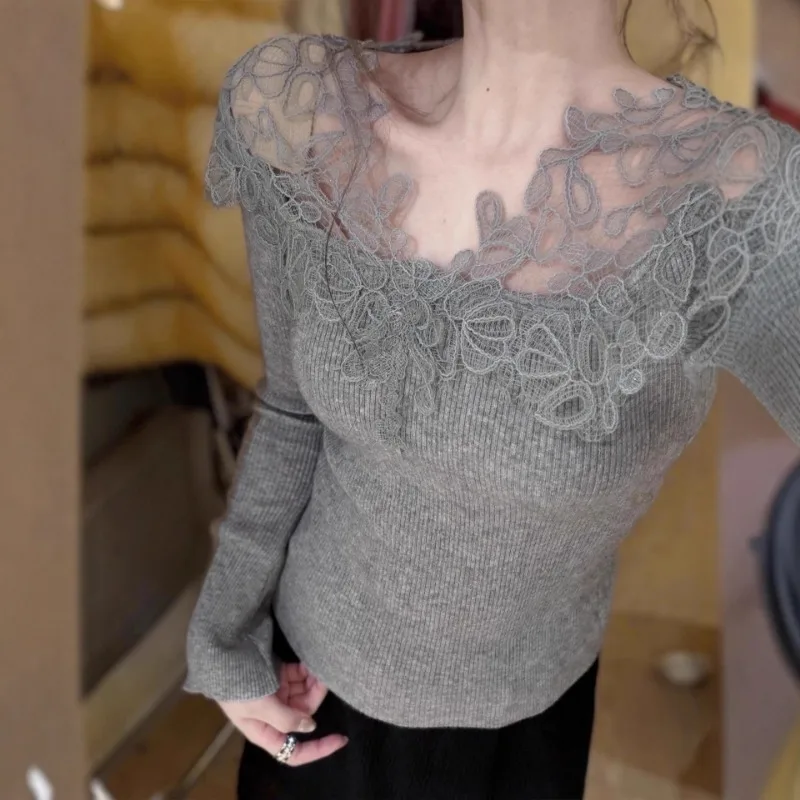 

Элегантный женский вязаный топ с кружевными вставками и длинными рукавами, весна-осень, облегающий, комфортный базовый слой, однотонный, для повседневной носки