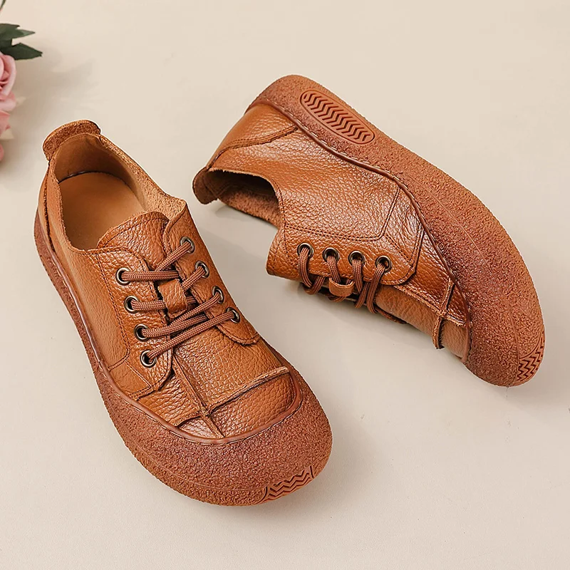 

New Retro Anti Collision Oxfords Flats Women's Genuine Leather Walking Shoes Woman Laced up Non Slip Soft Casual Moccasins Nurse
