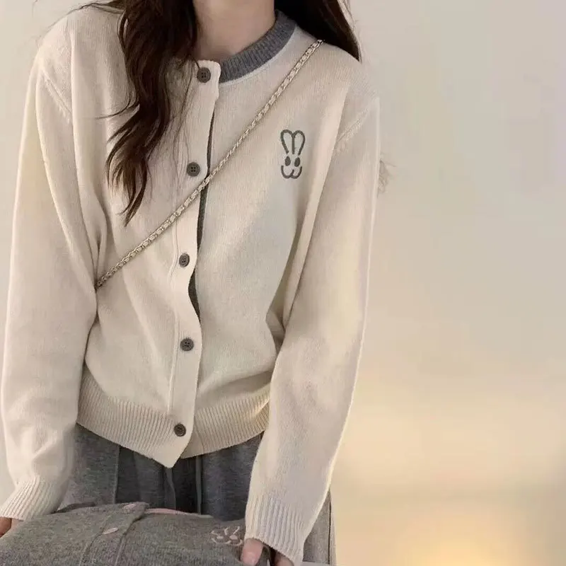 Embroidered Bunny Versatile Knitted Cardigan for Women Spring Autumn New Style Single-breasted Long-sleeved Loose Sweater Top