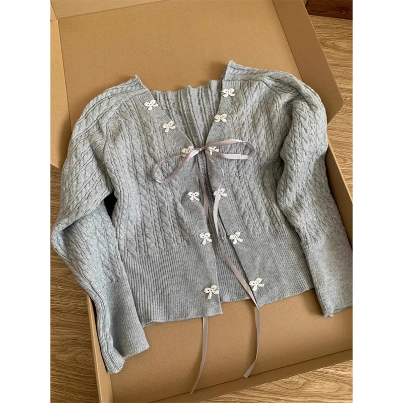 

Preppy Style V-Neck Lace Up Bow Knitted Cardigan Women Grey Sweet Kawaii Jacquard Sweater Autumn Winter Design Loose Crop Tops