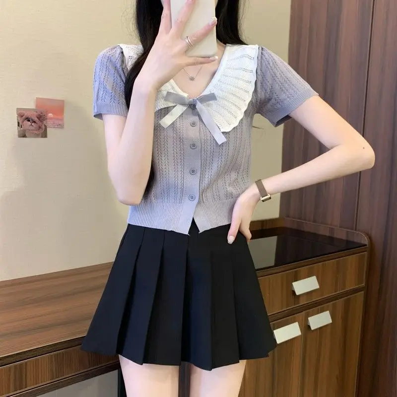 甘い多用途バタフライノットカラーブロック人形ショートニットカーディガン女性の夏のファッショナブルなトップポリエステル半袖