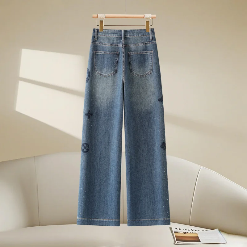 Jeans a gamba larga con strass ricamati Autunno Inverno Nuovi pantaloni dritti effetto consumato lavati a vita alta