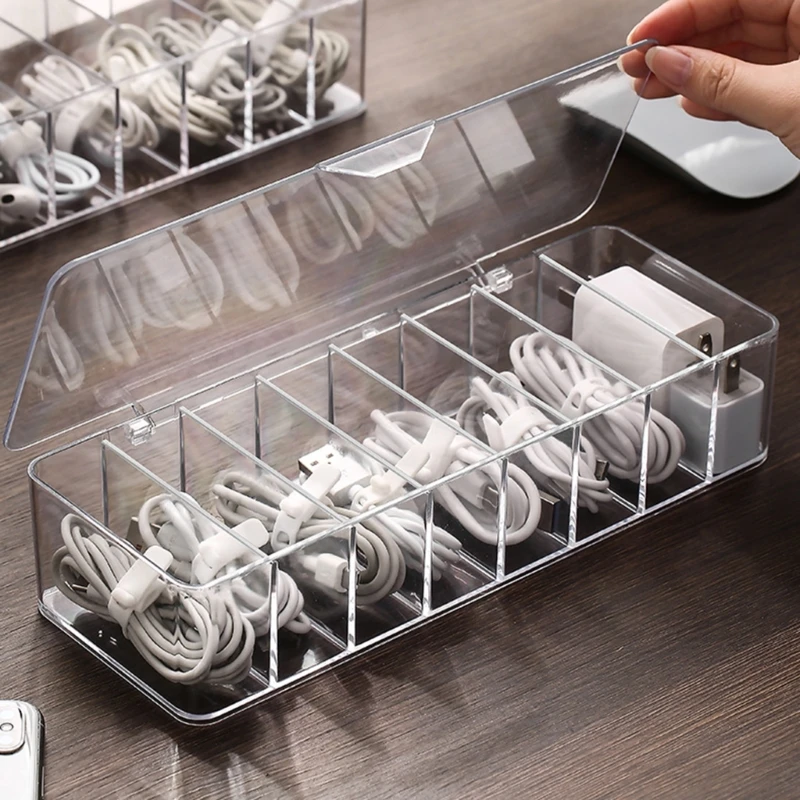 Transparent Cable Storage Box with 8 Compartments Tangles Cable Solution for Charging Cable Organiser for Cable Organiser Box