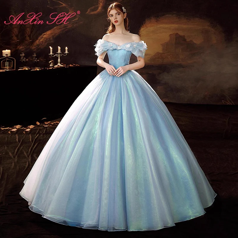AnXin SH princess blue sparkly lace performance boat neck beading butterfly ball gown party lace up customized Prom Dresses