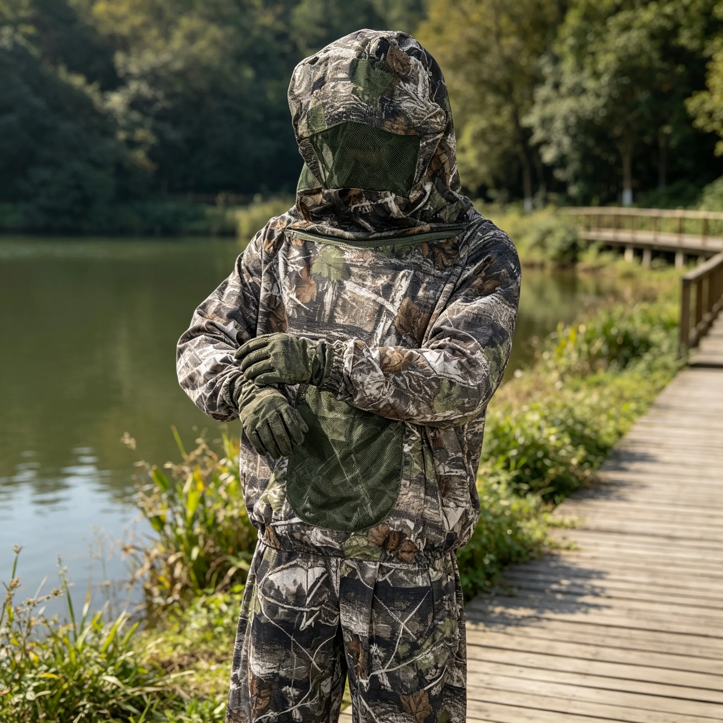 Tarnanzug für die Jagd im Freien, Tarnhose und -jacke mit Kapuze – aus Mesh-Material – geeignet zum Angeln, Wandern, Campen und Jagen. – Detail 6