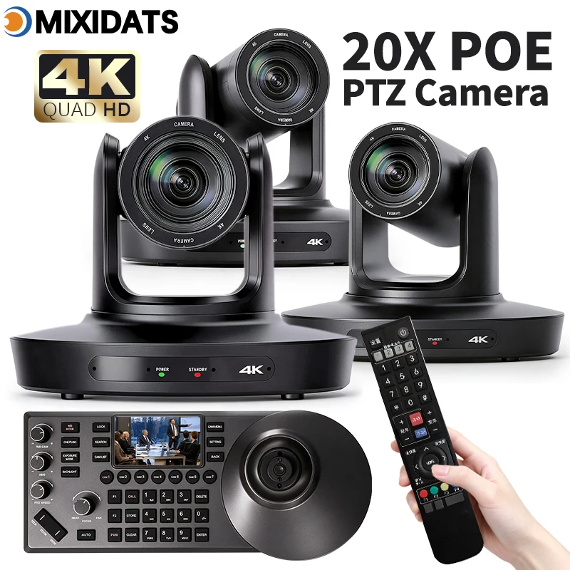 Kamera PTZ 4K z 20-krotnym zoomem, obsługująca standard NDI, przeznaczona do wideokonferencji, wyposażona w funkcję śledzenia obiektów za pomocą sztucznej inteligencji, posiada porty USB, HDMI i LAN oraz obsługuje zasilanie przez Ethernet ( — zdjęcie produktu 2