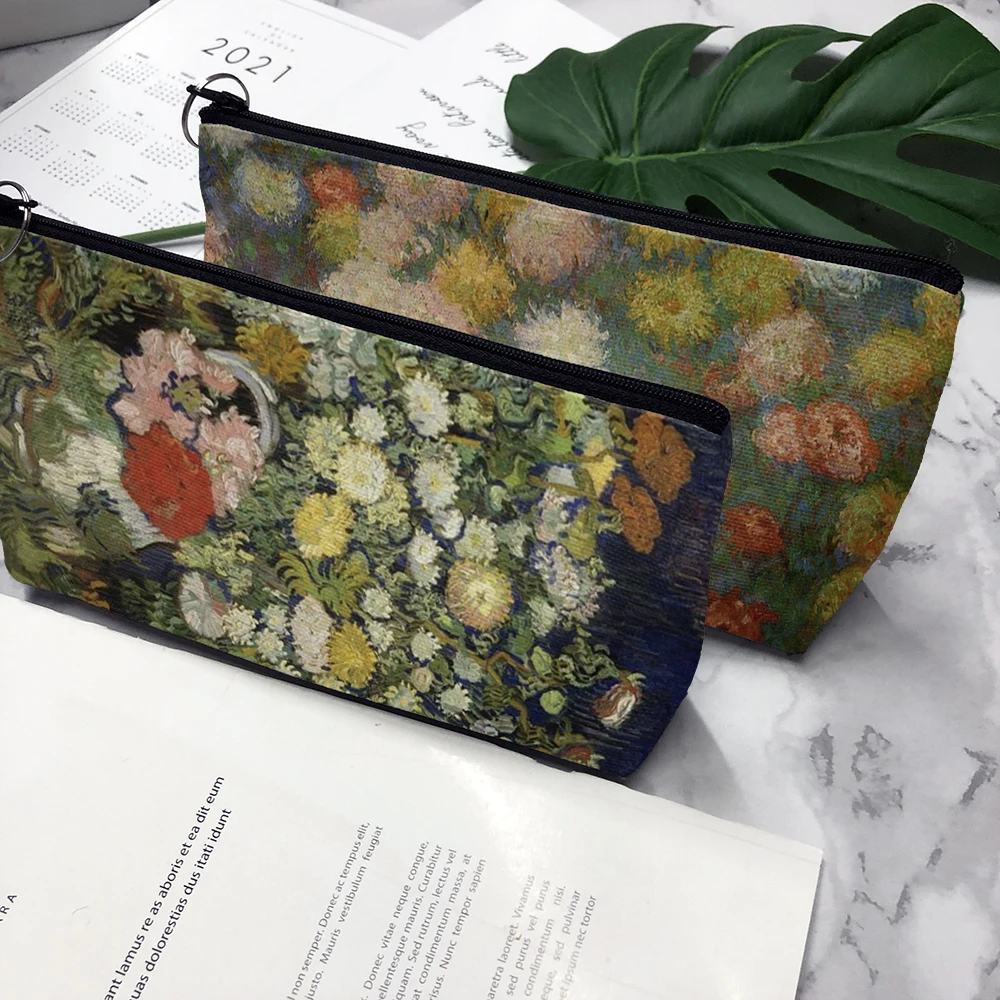 Vintage Oil Painting Canvas Cosmetic Bag Van Gogh Art Sunflower Star Moon Night Makeup Pouch Bag Travel Girl Lipstick Handbag