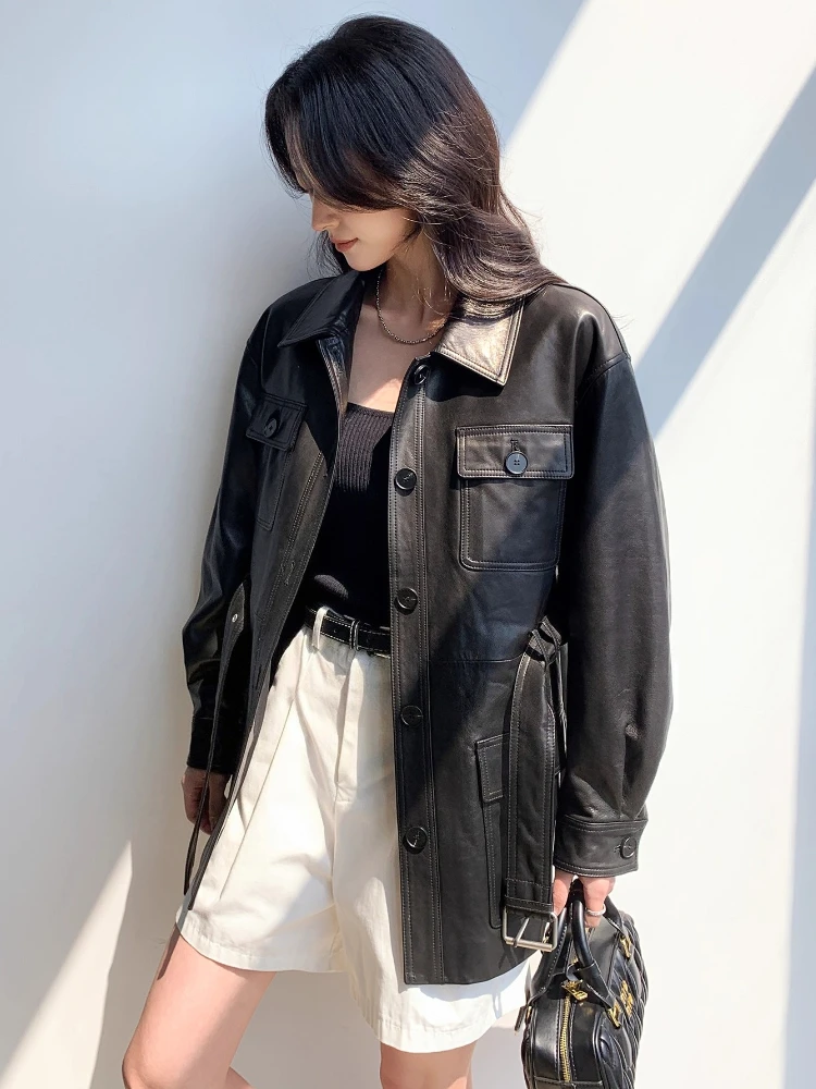 Vintage-Cargojacken aus echtem Leder für Damen, Frühling und Herbst 2022, neuer High-End-Mantel aus schlichtem, schmalem, weichem, schwarzem echtem Ziegenleder mit Gürtel