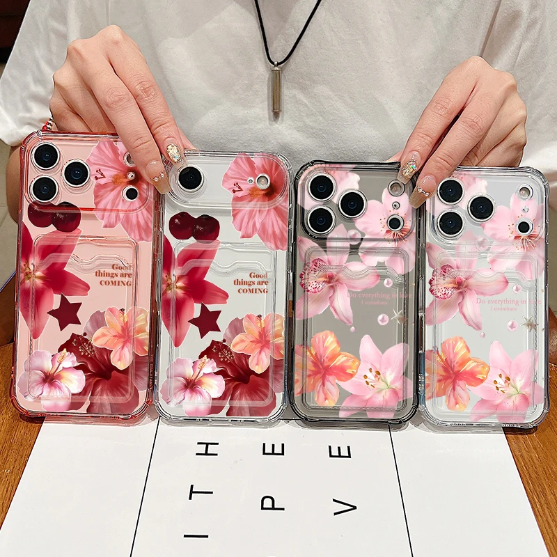 زهور الزنبق واضح سيليكون جراب هاتف آيفون الهواء 16e 17 16 15 14 برو ماكس 13 12 برو 11 للصدمات فتحة للبطاقات حقيبة غطاء ناعم #6