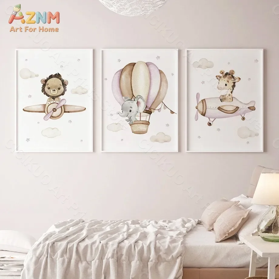 AZNM Watercolor Cute Safari Animal Transport Canvas Wall Art Deer Elephant Bear Panda Lion Rabbit Sailboat Hot Air Balloon Car T view 2