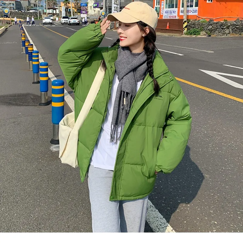 Korean New Green Warm Jacket Stand Collar Baggy Straight Coat Fashion Medium And Long Ladies Puffer Padded Outwear Winter 2023