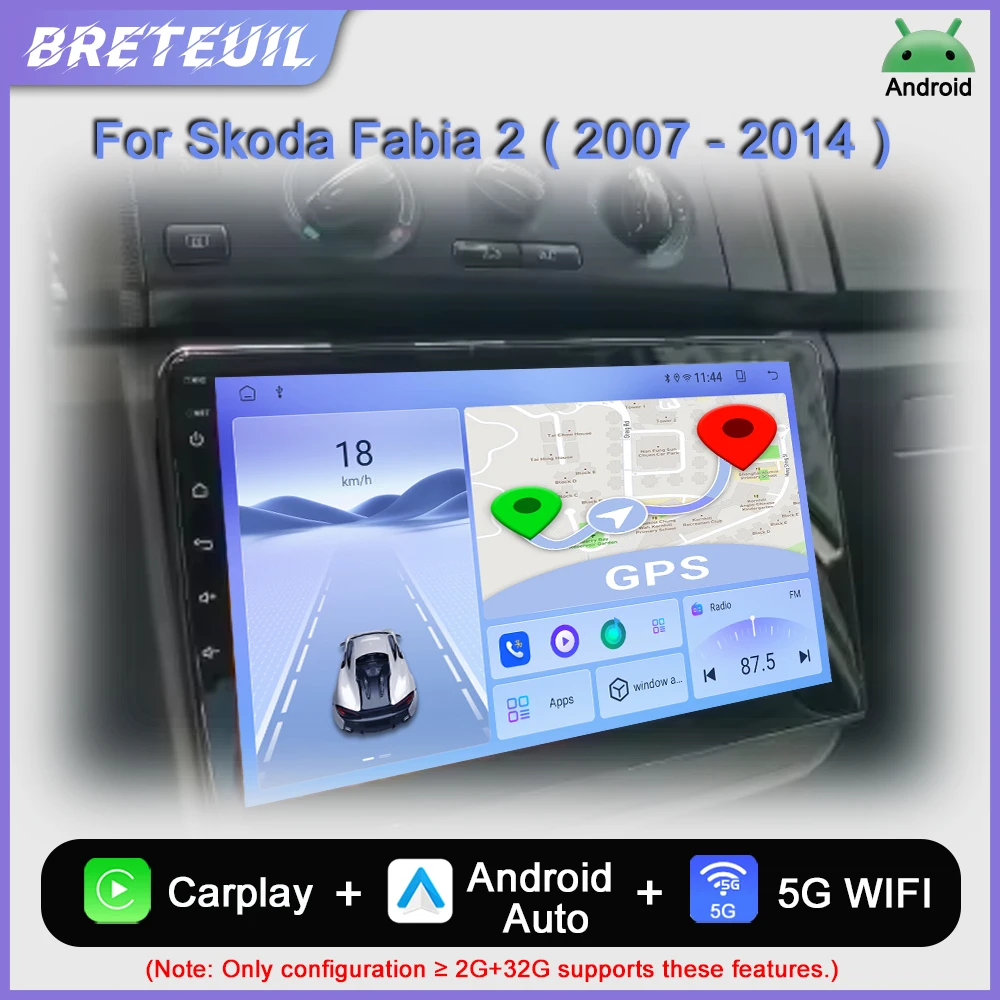 Autoradio multimédia Android avec lecteur vidéo, navigation GPS, CarPlay et écran tactile pour Skoda Fabia 2 (2007-2014). Systèmes intelligents intégrés.