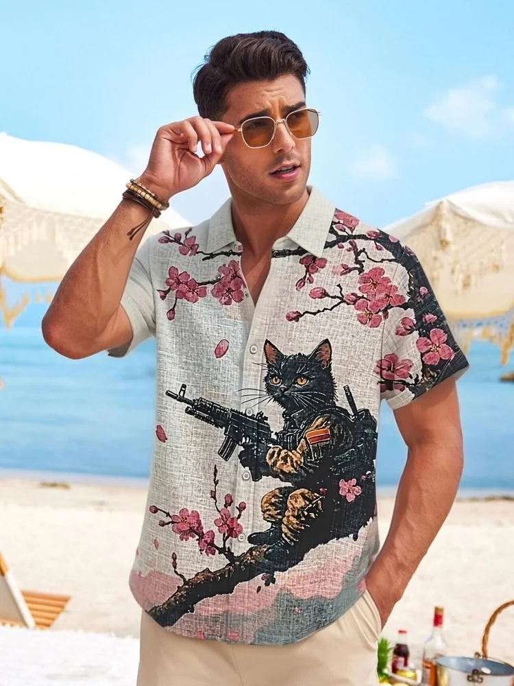 

Men's Hawaiian Shirt Retro Tactical Cat Cherry Blossom Print Nostalgic Art Casual Short Sleeve Button Down Beach Tops Man Clothe