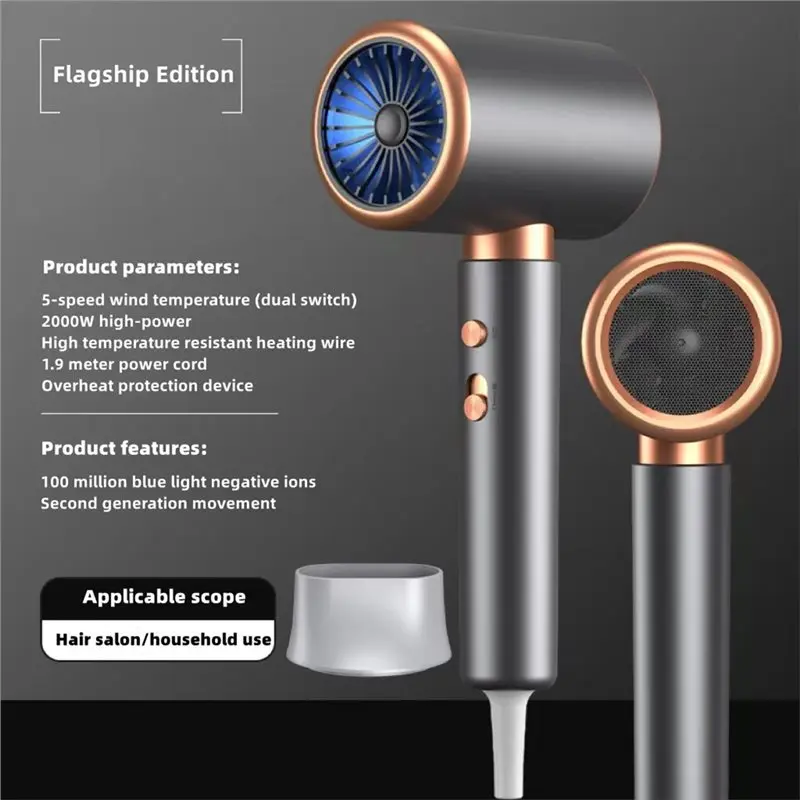 Strong Power Salon Hair Dryer 2000W Professional Blow Dryer Negative Ionic Hot Cold Air Brush 5Th Gear EU Plug