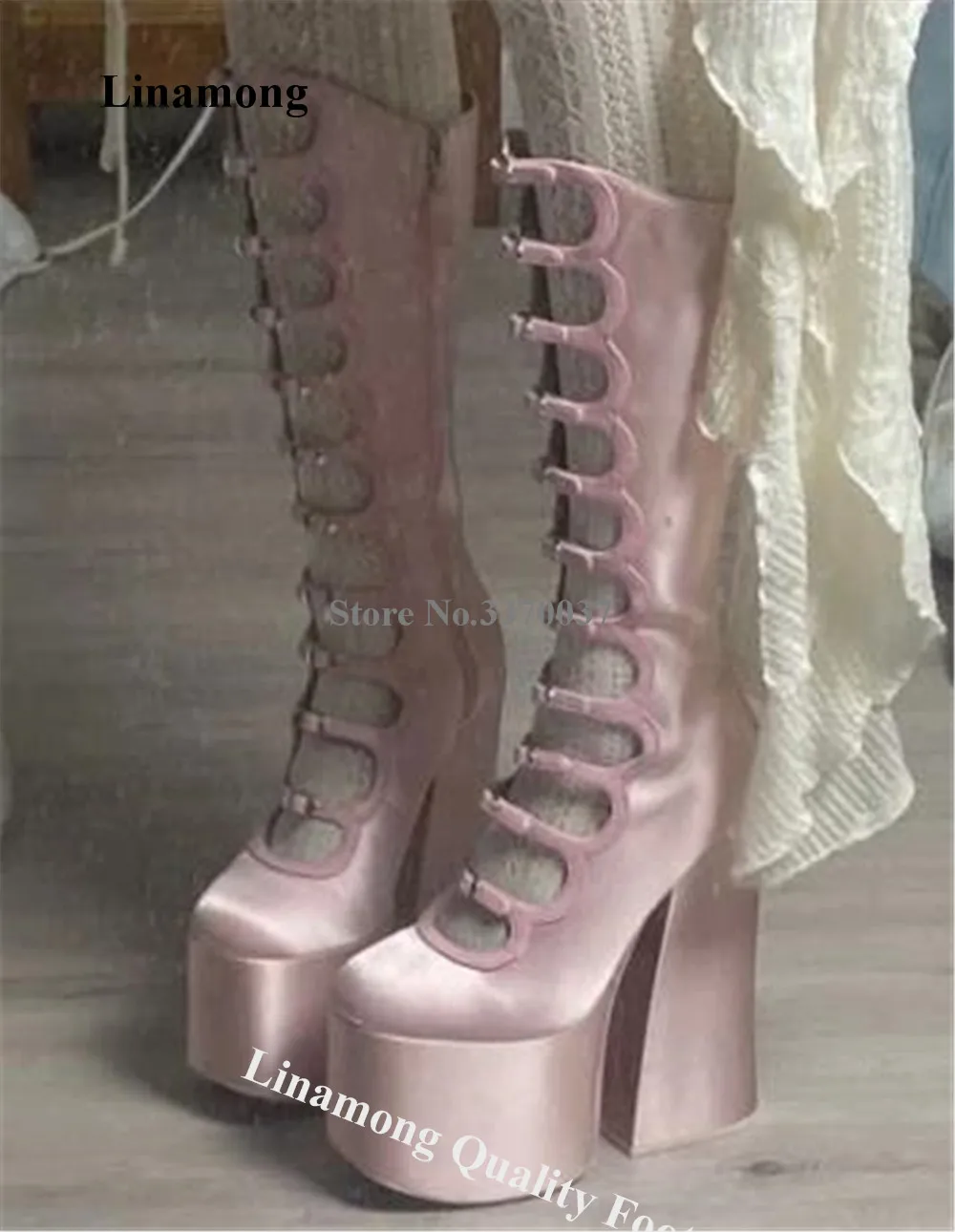 Linamong Sexy Pink Satin High Platform Mid-calf Boots Round Toe Cut-out Buckles Thick Heel Long Boots Big Size Boots