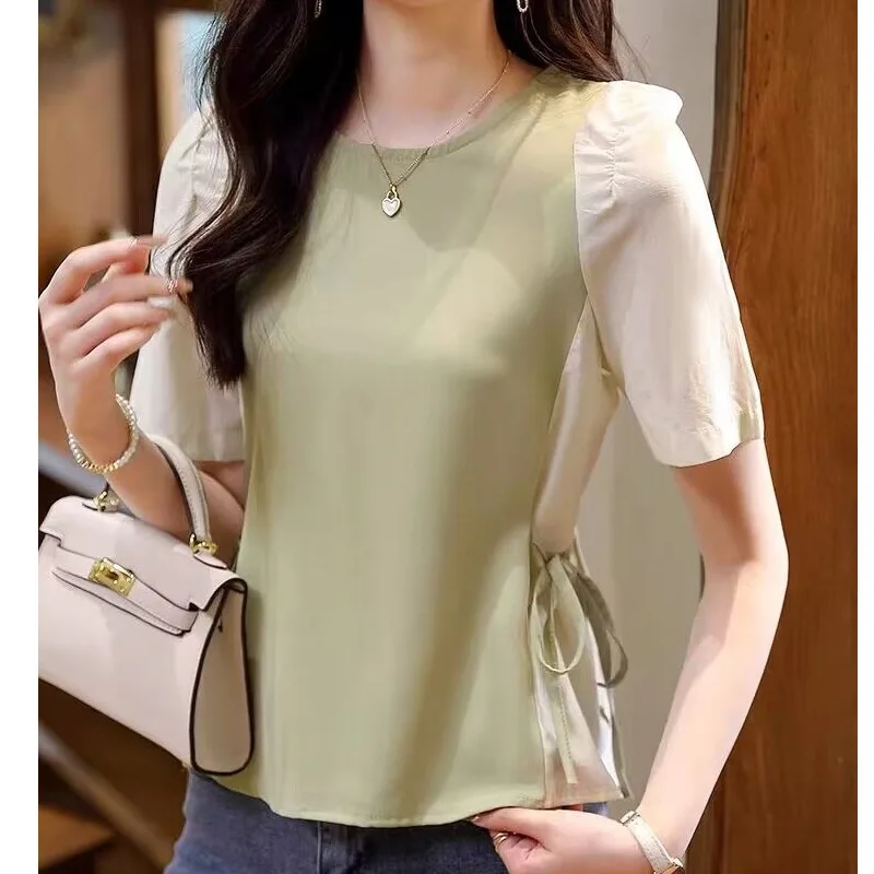 Contrast Patchwork Chiffon Lacing Blouse Summer New Short Sleeve Loose All-match Elegant Shirt Tops Fashion Casual Women Clothes