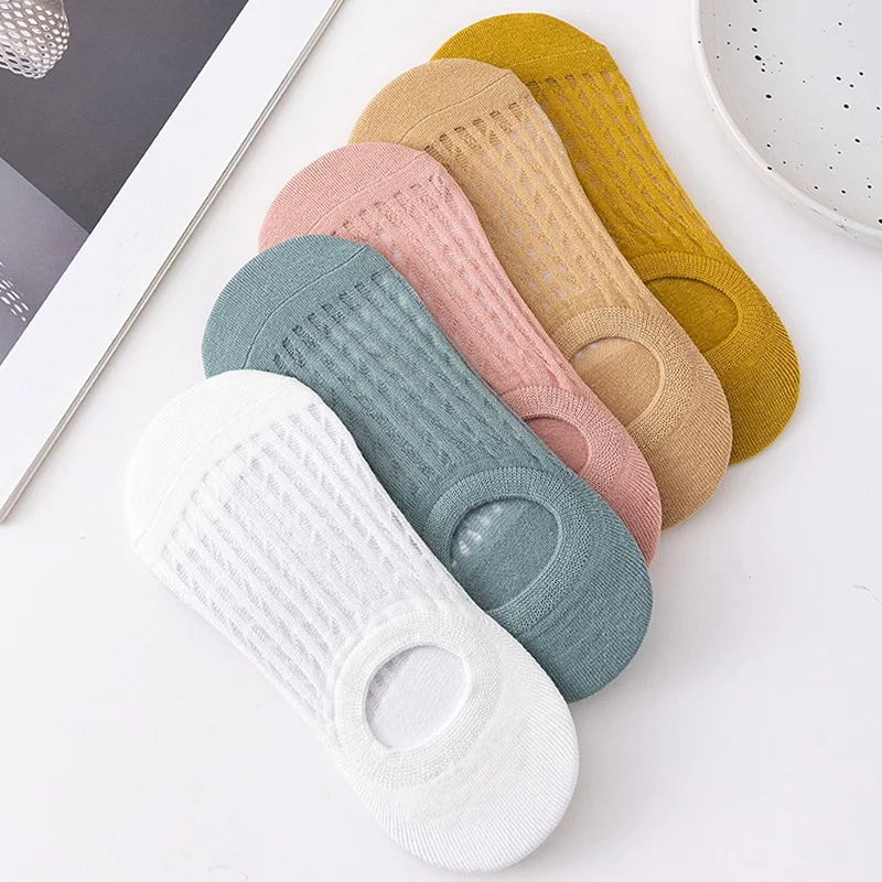 5 Pairs Summer Thin Mesh Socks Ladys Shallow Silicone Anti Slip Invisible Socks Lovely Solid Color Boat Socks image 2