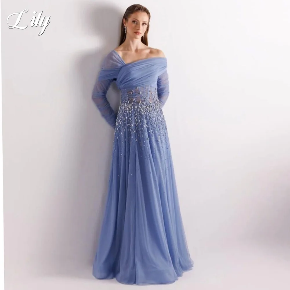 

Lily Blue Party Dresses Off the Shoulder Evening Gowns Pleats with Sequins Tulle Prom Dress فساتين السهرة Customized