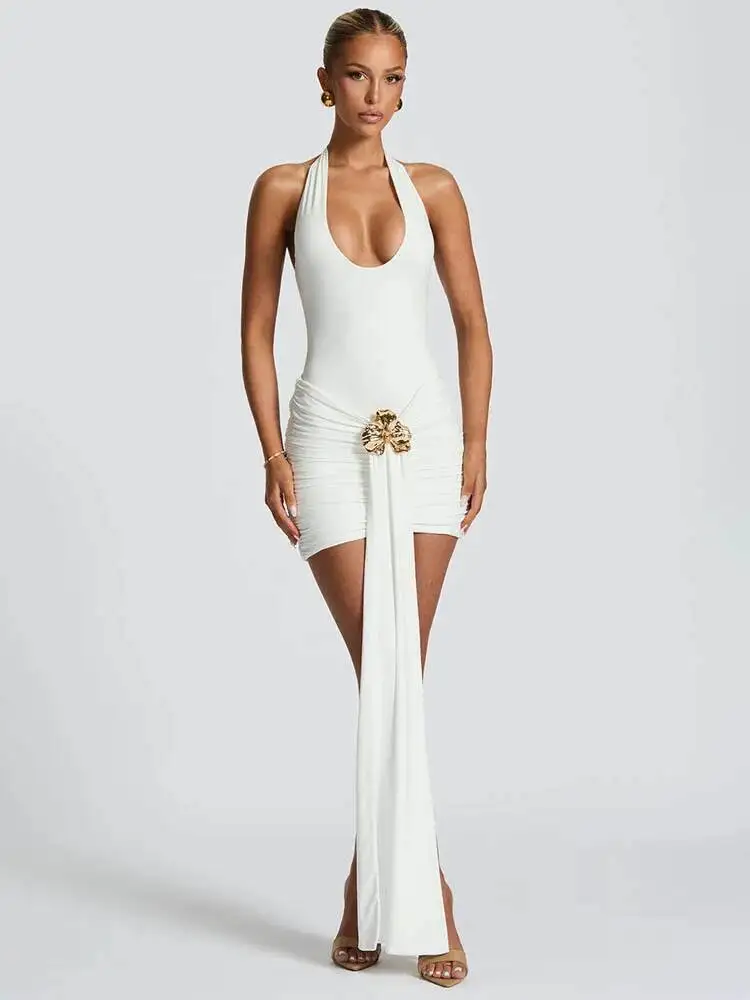 Gaun Mini Seksi Wanita Model Halter Tanpa Lengan Bodycon untuk Pesta Klub, Berbahan Metal Flower Draped Ruched, Model Baru