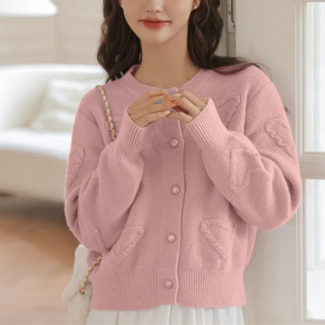 

Autumn and Winter Sweet Girl Sweater Jacket Fresh Age Reduction Gentle Wind Candy Color Solid Color Crew Neck Knitted Cardigan