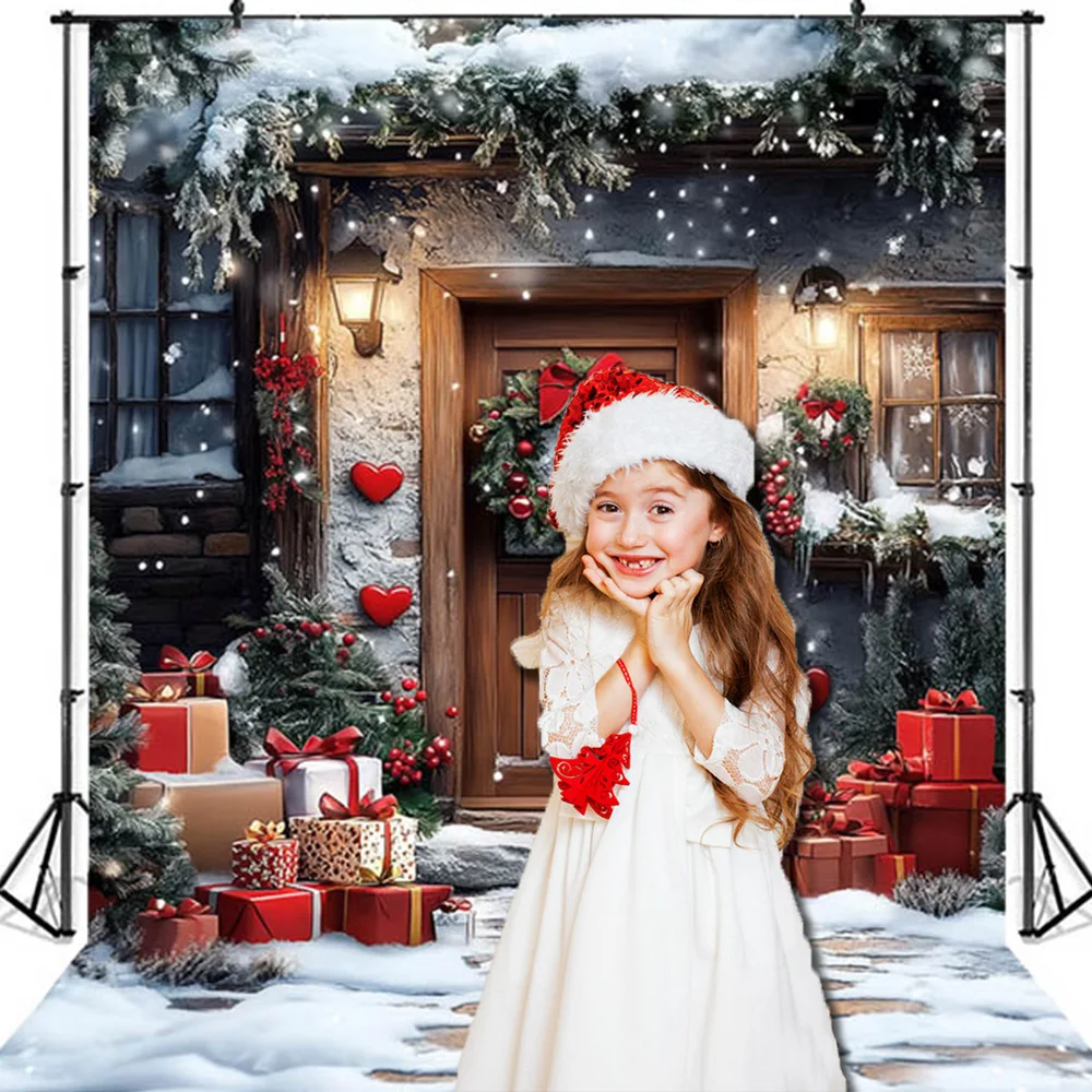 Christmas Photography Background Door Wreath Gifts Snow Christmas Tree Doorstep Decoration Supplies Kids Baby Photo Shoot Props