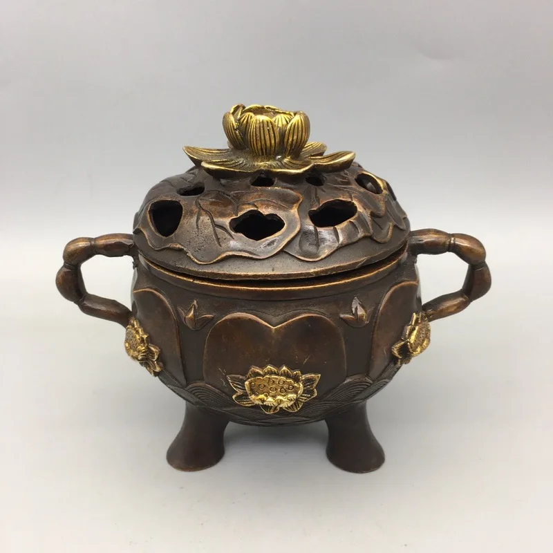 Antique Bronze Collection: Gilt Brass Three-Legged Double-Eared Lotus Incense Burner with Lotus Leaf Design, Home Decor Craft Or