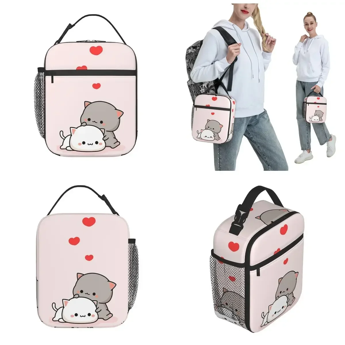 Cat Peach Goma Hug Insulated Lunch Bag Storage Food Box Portable Thermal Cooler Bento Box School